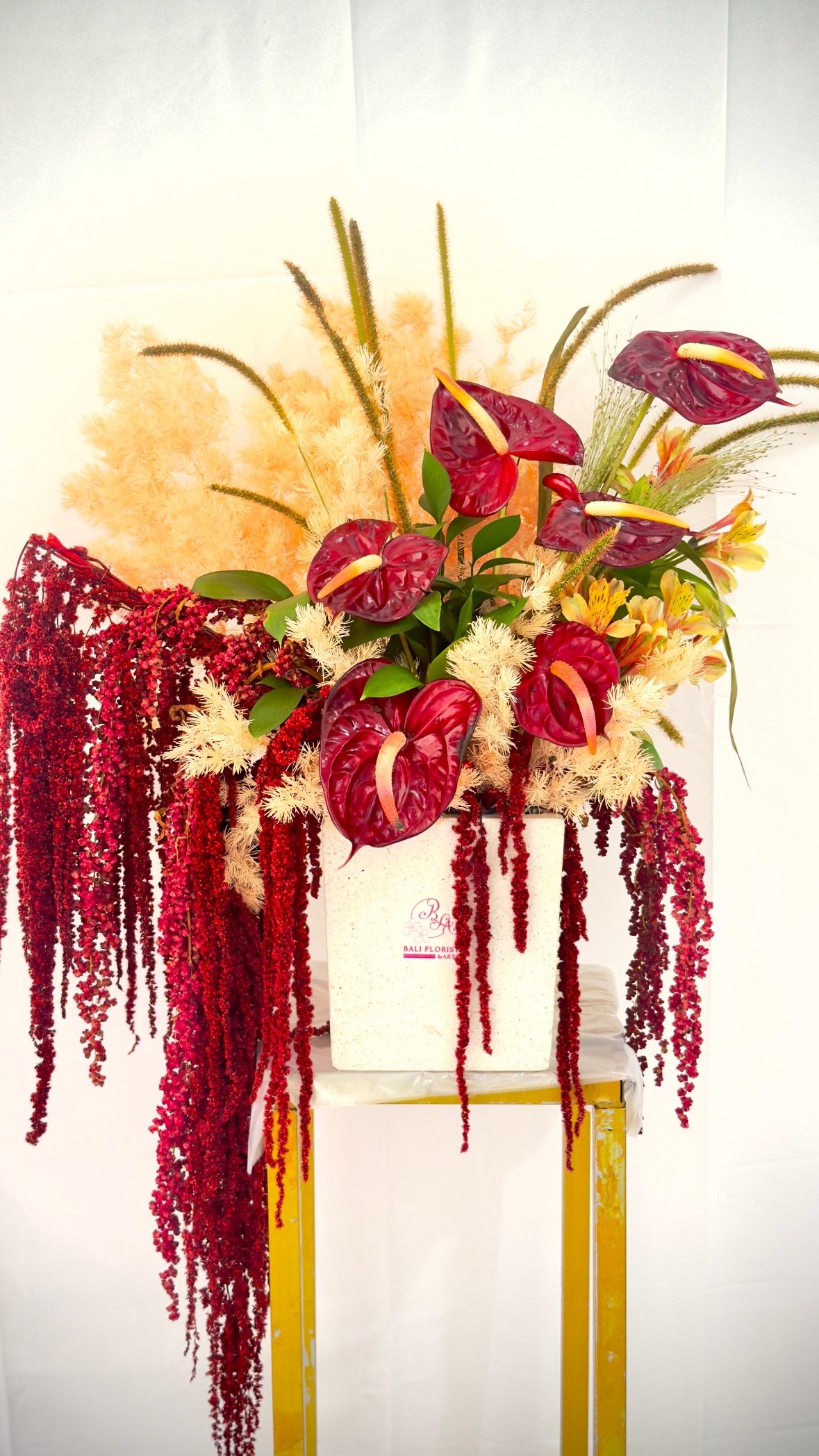 Elegant Table Flower with Anthurium and Amarantus on Terrazo Pot