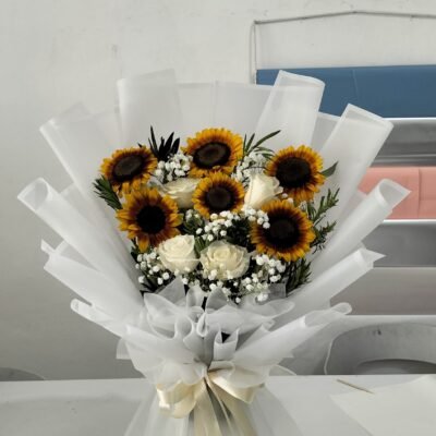 Sunflower on White Mix Baby Breath and Roses