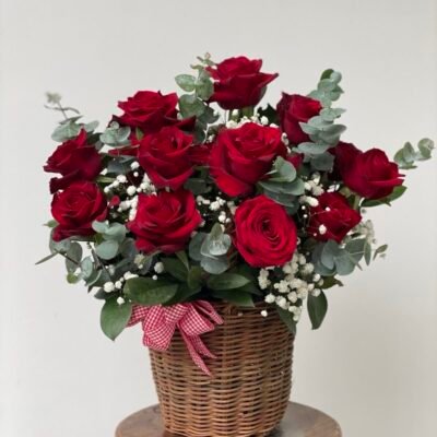 Avalnche Rose On Basket with Silver Dollar and Baby breath