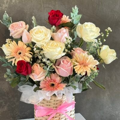 Flower Basket with Roses and Garbera